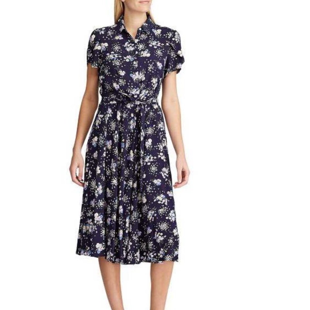 Chaps Ralphn Lauren Shirt Dress L Blue Floral Print Button Down Short Sleeve